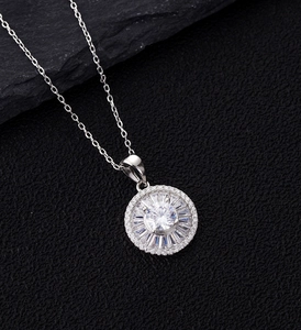 Macro side view of S925 sterling silver sunburst necklace with sparkling zircon halo