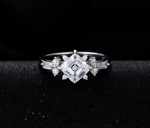 Macro shot of 925 sterling silver ring featuring square-cut center and pave-set accents