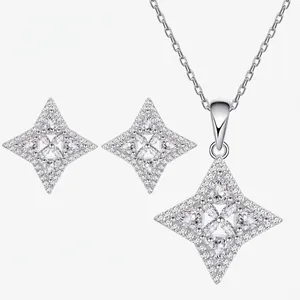 925 Sterling Silver Four-pointed Star Jewelry Set Micro Pave Zirconia Pendant Necklace And Stud Earrings For Women Jewelry