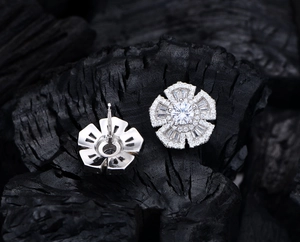 Detailed macro view of S925 sterling silver flower earrings with micro-pave zirconia settings