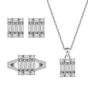 S925 sterling silver jewelry set featuring rectangular zircon earrings, necklace, and ring