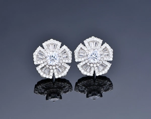 Macro shot of S925 sterling silver flower earrings with micro-set carbon diamonds