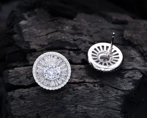 Macro view of S925 silver round halo stud earrings with detailed back craftsmanship