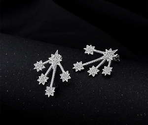 Macro detail of meteor shower silver earrings with pavé-set sparkling cubic zirconia
