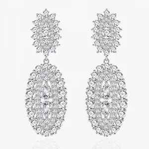 Boucles d'Oreilles Pendantes de Luxe en Argent Sterling S925 Ovale Goutte Pavé de Zirconia Bijoux de Mariage Fête Femme