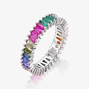 925 Sterling Silver Rainbow Eternity Ring Baguette Cut Multicolor Zirconia Wedding Band Geometric Triangle Finger Ring For Women
