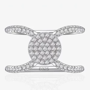 925 Sterling Silver Personality Round Plate Pave Rhinestone Ring For Women Fashion Geometric Double X Cross Wide Band Ring Jewelry