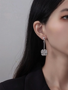 Detail of elegant S925 sterling silver windmill drop earrings with sparkling micro pavé zircons