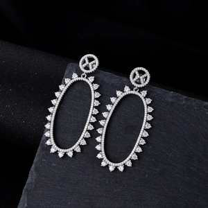 Elegant long S925 silver oval drop earrings with white pavé cubic zirconia accents