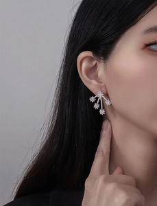Detailed view of S925 silver meteor shower stud earrings with sparkling pavé zircons