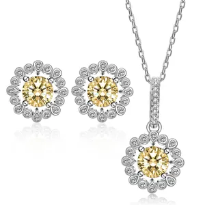S925 Sterling Silver Jewelry Set Sunflower Halo Pendant Necklace Stud Earrings Inlaid Yellow Pink White Rhinestone For Women