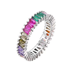 Rainbow baguette-cut gemstone silver eternity ring with colorful trapezoid crystals