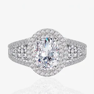 Luxury 925 Sterling Silver Oval Cut Rhinestone Halo Engagement Ring For Women Dainty Vintage Geometric Silver Ring Jewelry Gift