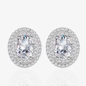 Luxury Oval Halo Stud Earrings With 925 Sterling Silver Earring Post Elegant Double Layered Rhinestone Inlaid Jewelry For Women