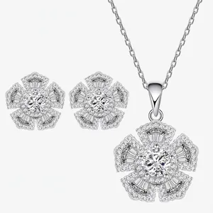 925 Sterling Silver Floral Jewelry Set Shiny Rhinestone Micro Pave Flower Earrings Necklace For Women Elegant Wedding Jewelry