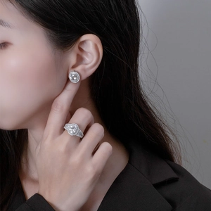 925 silver set with 7x9mm oval high carbon diamond ring and matching stud earrings