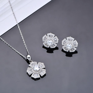 S925 sterling silver flower necklace and earrings set with sparkling high carbon diamonds