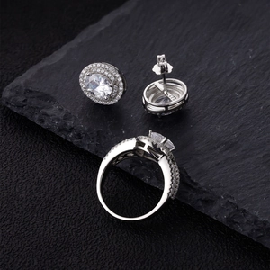 925 silver jewelry set with 6x8mm oval cut stones including halo earrings and ring