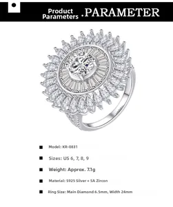 Détails de la bague tournesol en argent sterling avec dimensions et gemme en zircon 5A