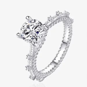 Elegant 925 Sterling Silver Round Cut Rhinestone Engagement Ring For Women Pave Setting Crown Design Wedding Jewelry Gift
