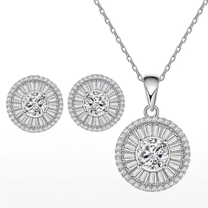 925 Sterling Silver Zirconia Jewelry For Women Luxurious Round Sunburst Pendant Necklace And Stud Earrings Fashion Accessories