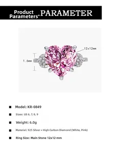 Detailed size chart for 12x12mm heart-shaped pink carbon diamond 925 silver ring