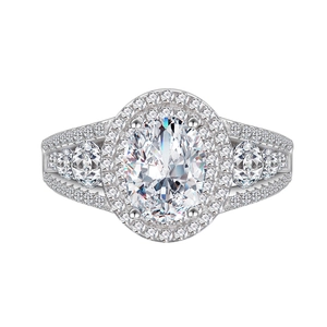 Oval 7x9mm simulation diamond ring in 925 silver with double halo pave setting
