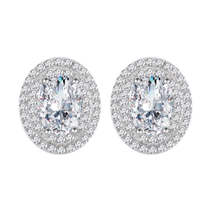 925 silver oval earrings featuring double halo carbon diamonds in classic four-prong setting