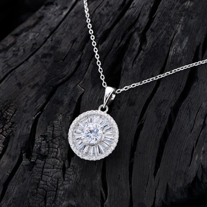 Sparkling S925 sterling silver geometric round circle pendant necklace on a dark wood background