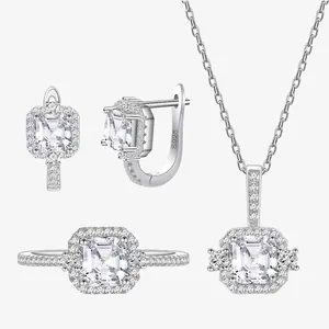 Luxury 925 Sterling Silver Square Cut Zirconia Jewelry Set Halo Pendant Necklace Earrings Ring Fashion Set For Women