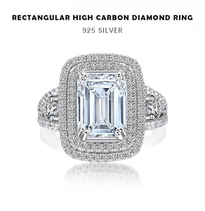 Macro view of 925 silver rectangular high carbon diamond ring with double halo setting