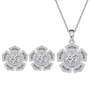 Sparkling S925 sterling silver flower jewelry set with necklace and stud earrings