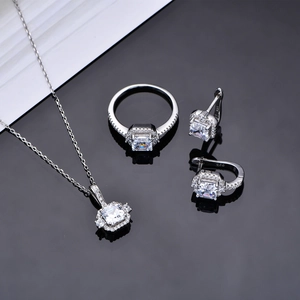 925 silver jewelry set with square zircon pendant necklace, ring and earrings set