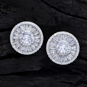 Sparkling S925 sterling silver halo stud earrings with round and baguette cut zirconia