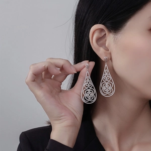 Luxurious S925 sterling silver long drop earrings with micro-pave flower pattern