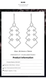 Detailed size specifications for geometric diamond-shaped S925 silver earrings with zircon