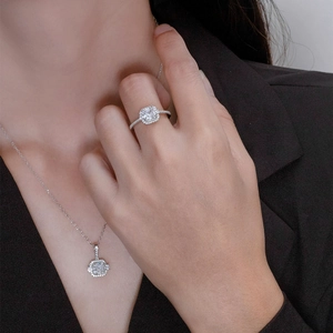Elegant 925 sterling silver jewelry set with square halo ring and pendant necklace