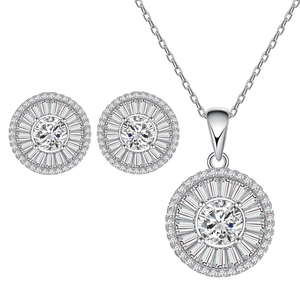 Luxurious S925 sterling silver round halo jewelry set with sparkling cluster necklace and earrings