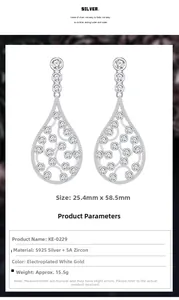 Macro detail of S925 silver teardrop earrings with 5A zircon inlay and product specs