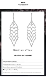 Detailed size chart for S925 silver long triangle fringe earrings with zircons