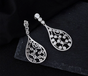 Detail of S925 sterling silver teardrop earrings with intricate filigree and cubic zirconia