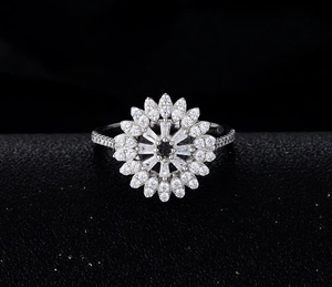 Macro shot of S925 silver sunflower ring with micro-pave marquise zircons