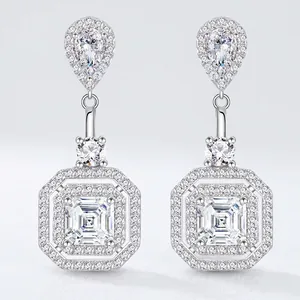 925 Sterlingsilber Zirkonia Ohrstecker Elegante Smaragdschliff Quadrat Halo Ohrringe Für Damen Hochzeit Schmuck Geschenk