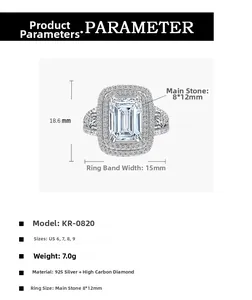 Detailed size chart for 8x12mm emerald cut silver ring with 925 material specifications