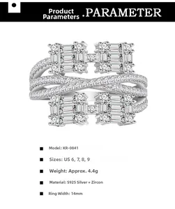 Detailed chart showing S925 silver layered ring specs with rectangular zircon stones