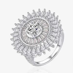Bague Fleur de Soleil en Argent Sterling 925 de Luxe pour Femme Large Anneau Strass Incrusté Bague de Déclaration Tournesol Bijoux
