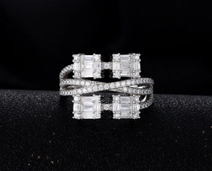 Detail view of multi-layer S925 silver ring with rectangular cubic zirconia clusters