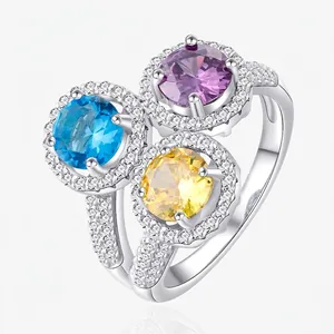 925 Sterling Silver Ring Three Stone Cluster Round Multi Color Zirconia Halo Ring For Women Fashionable Jewelry Finger Ring