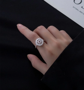 Detailed view of S925 silver sunflower ring with brilliant micro-pave cubic zirconia