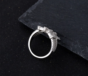 Detail view of multi-layer S925 silver ring with rectangular and round zirconia crystals